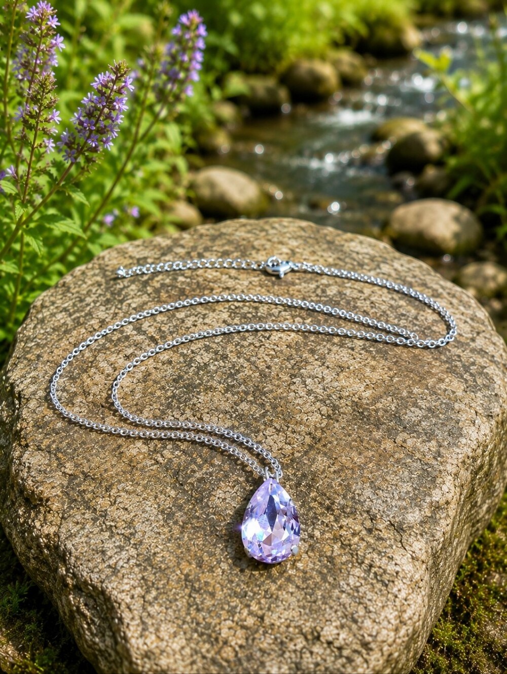 Rhodium Necklace with Pink Pear Shaped Crystal Pendant | Handmade